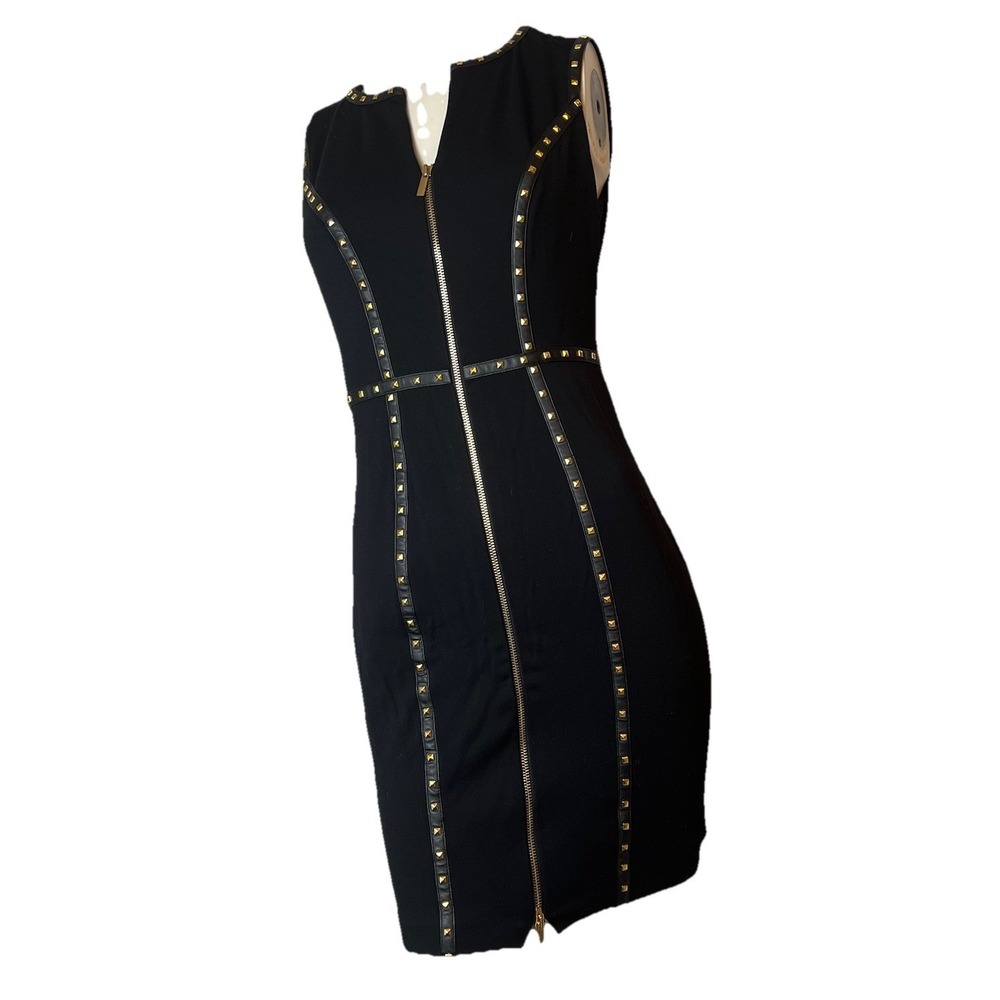 CACHE Dress Black Gold Studs Sheath Front Zipper Sleeveless Stretch Knit Sz 4